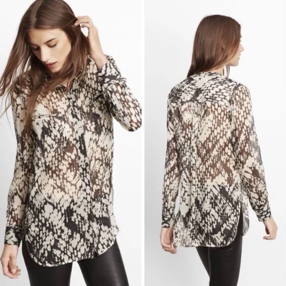 Vince Blouse Top Basketweave 100% Silk Button Down Abstract Printed Size 10